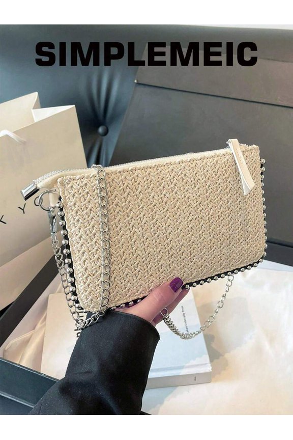 Beige Woven Raffia Crossbody Bag With Studded Chain Strap And Zipper