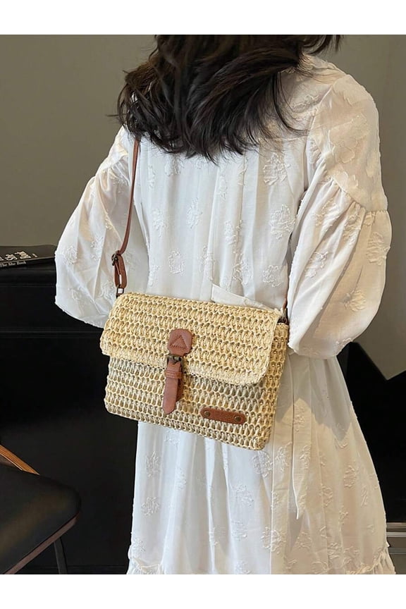Beige Woven Raffia Saddle Crossbody Bag With Leather Buckle Strap