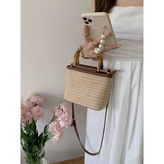 Beige Woven Straw Crossbody Bag With Bamboo Handle And Pearl Charm
