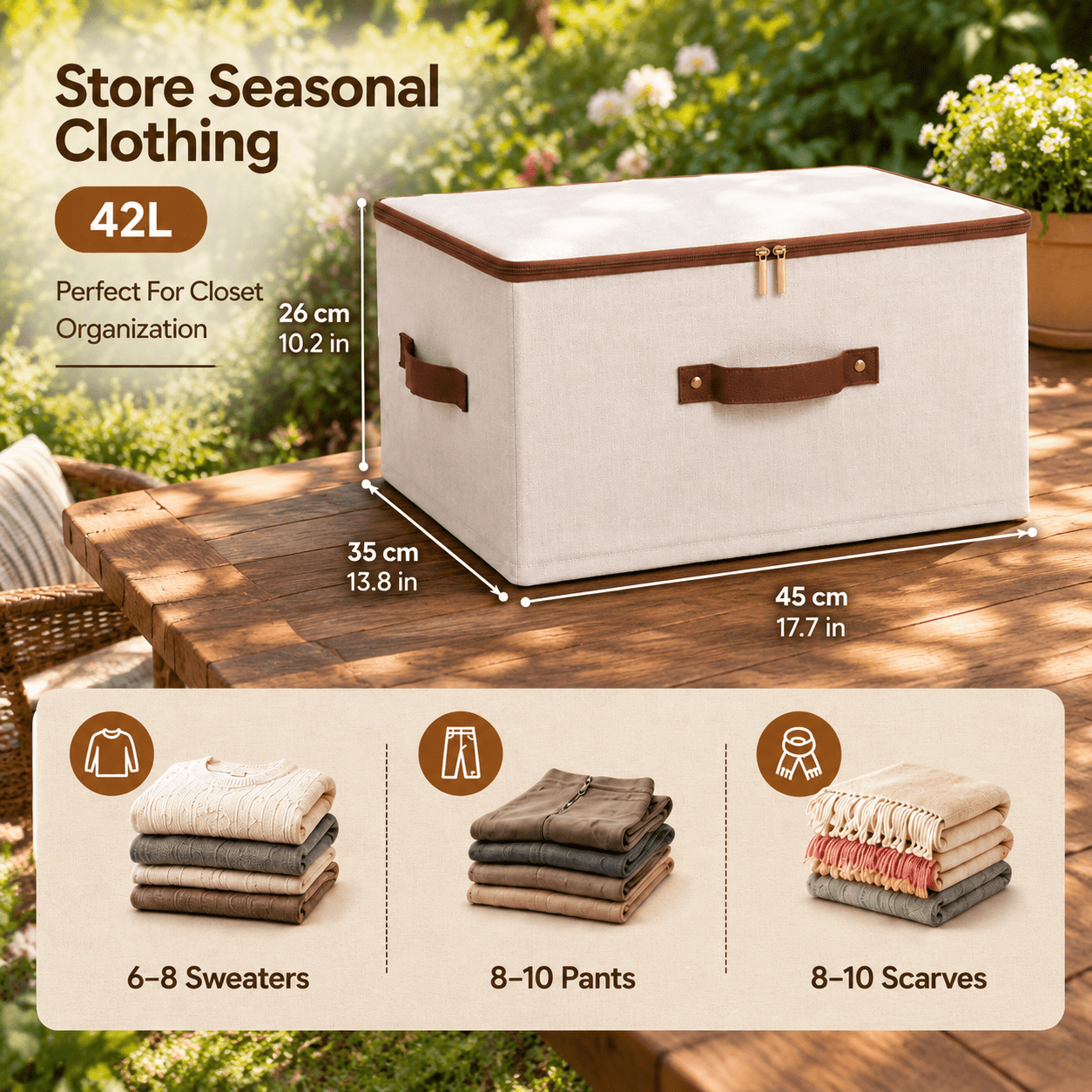 Cubing Language Beige XL-42L Cotton Linen Foldable Storage Cube with Zipper Lid for ...