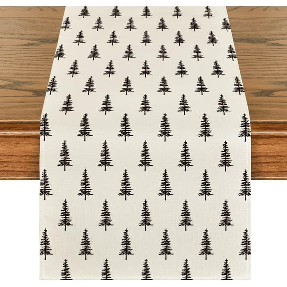 Beige Xmas Tree Christmas Table Runner, Seasonal Winter Kitchen Dining Table Decoration for Home Party Decor 13x120 Inch
