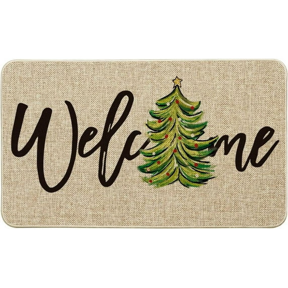 Beige Xmas Tree Christmas Welcome Doormat, Winter Home Decor Low-Profile Switch Rug Door Mat Floor Mat for Indoor Outdoor 17x29 Inch