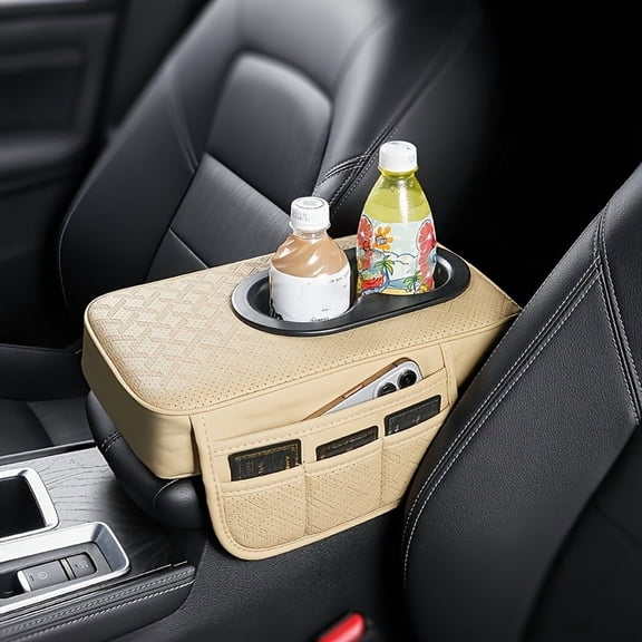 Beige Yellow Car Center Console Pad with 2 Side Pockets and 2 Cup Holders, PU Leather Universal Car Armrest Protector Cover, Multifunctional Storage Mat for Phone, Water Bottle and Cards, Fits Most V