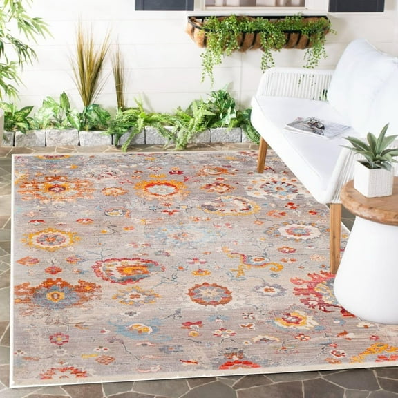 Beige Yellow Floral Boho Distressed Texture Washable Outdoor Rug For Patio Deck Hallway Balcony Porch Waterproof Non Slip Outside Area Rug 4x5ft