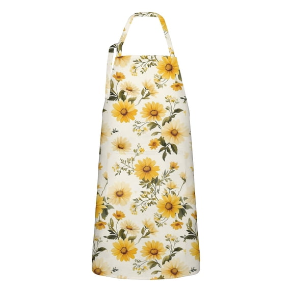 Beige Yellow Flower Pattern Apron-Garden Aprons for Women with Pockets-Cotton Linen Waterproof Kitchen Cooking Gardening Aprons Adjustable for Kitchen,Cooking,BBQ and Salon 33x27 Inch