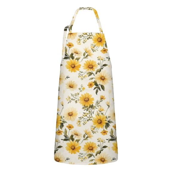 Beige Yellow Flower Pattern Apron-Garden Aprons for Women with Pockets-Cotton Linen Waterproof Kitchen Cooking Gardening Aprons Adjustable for Kitchen,Cooking,BBQ and Salon 33x27 Inch