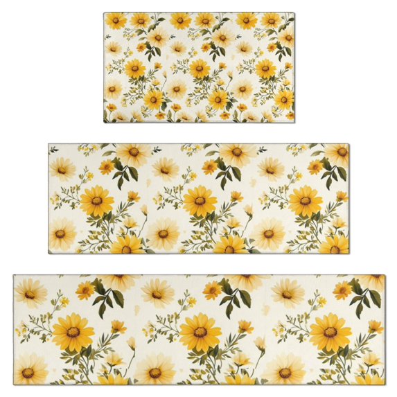 Beige Yellow Flower Pattern Kitchen Rugs Sets Of 3,Kitchen Runner Rugs Non Skid Washable,Decorative Kitchen Floor Mats for Kitchen,Sink,Laundry,17"x30"+ 17"x47" + 17"x59"