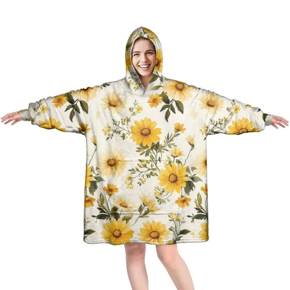 Beige Yellow Flower Pattern Wearable Oversized Blanket,Wearable Blanket Hoodie for Adults,Cozy Hooded Blankets with Super Pockets,Super Warm Fuzzy Pullover for Women & Men