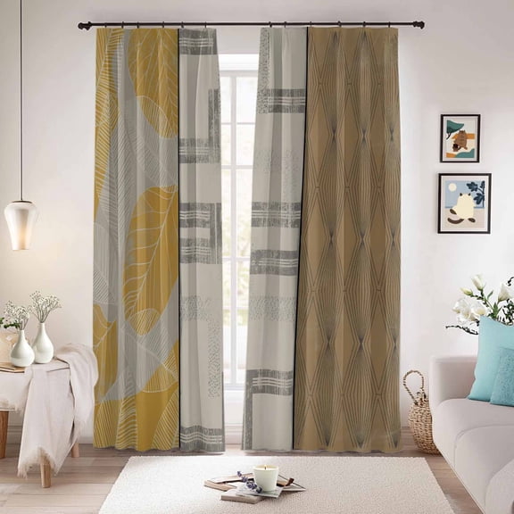 Beige Yellow Textured Blackout Curtains for Bedroom/Living Room, Pinch Pleated Black Out Curtains, Vintage Art Farmhouse Striped Room Darkening Window Drapes with Hooks 2 Panels, 59"x70"