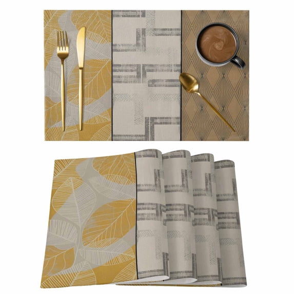 Beige Yellow Textured Placemats Set of 6, Vintage Art Farmhouse Striped Placemats for Dining Table, Place Mats for Kitchen Tabletop, Waterproof Wipeable Dining Table Mats Set