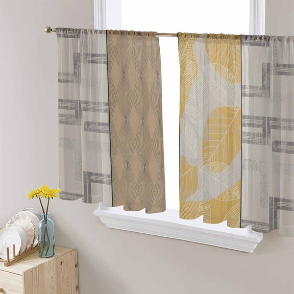 Beige Yellow Textured Sheer Curtains 45 Inch Length 2 Panels Set, Semi Transparent Voile Rod Pocket Curtains for Living Dining Room Bedroom Drapes Vintage Art Farmhouse Striped