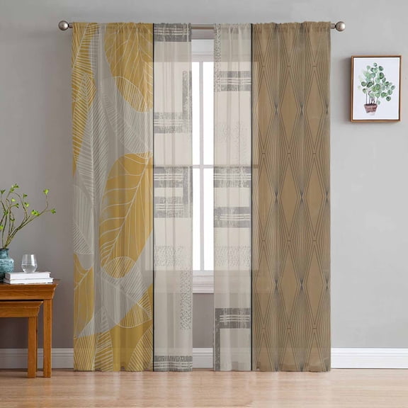 Beige Yellow Textured Sheer Curtains 84 Inches Long 2 Panels Set, Window Sheer Curtains for Living Room/Bedroom, Vintage Art Farmhouse Striped Light Filtering Rod Pocket Curtain 52'' x 84'' x 2
