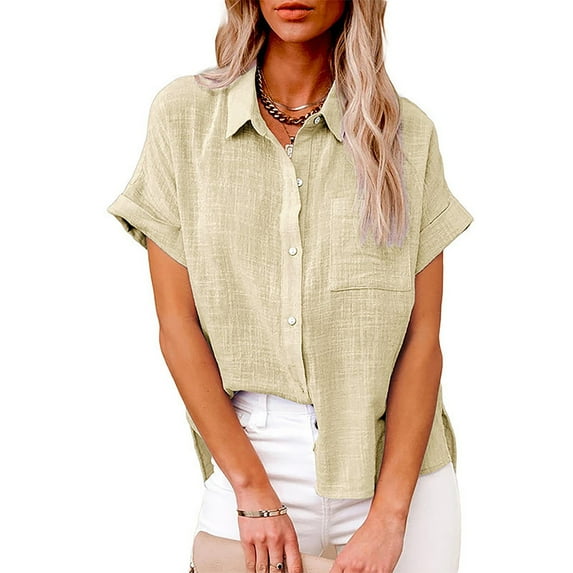 Beige Young Adult Tops Fashion Women's Solid Linen Casual Loose Short Sleeve Button Shirt Plus Size Tops for Women