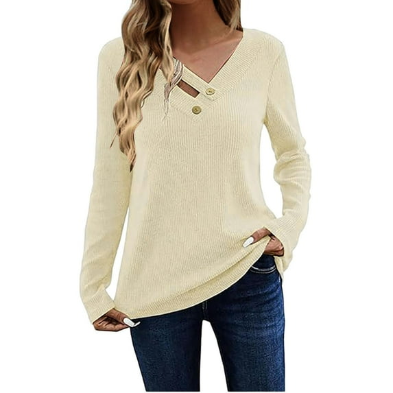 Beige Young Adult Tops Long Sleeve Shirts for Women Casual Ribbed Knit Tops Loose Fit Comfy V Neck Tunic Tops Trendy Tshirts Blouses Plus Size Tops for Women