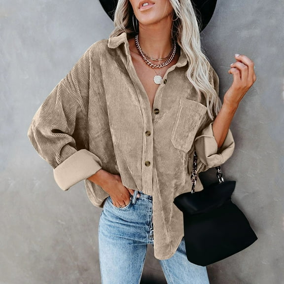 Beige Young Adult Tops Womens Corduroy Button Down Shirt Oversized Blouses Tops Long Sleeve Casual Warm Jacket with Pockets Plus Size Tops for Women