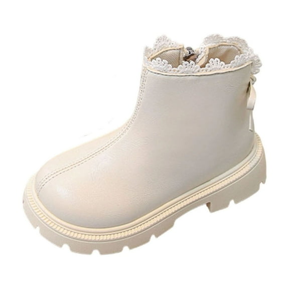 Beige Youth Feminine Footwear With Side Zipper And Lace Accent On Man-Made Leather Upper, For Dress-Up