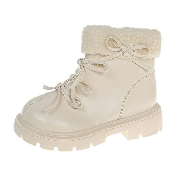 Beige Youth Protective Footwear With Zip Side And Bow Accent, Crafted From Artificial Leather For School In Cold Climate
