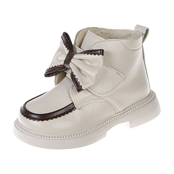 Beige Youth Sturdy Footwear With Magic Strap And Bow Accent Using Artificial Leather For Durable Wear