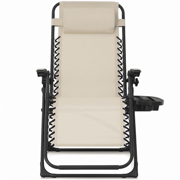 Beige Zero Gravity Reclining Lounge Chair with Side Tray and Removable Headrest for Indoor Outdoor Use