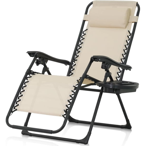 Beige Zero Gravity Reclining Lounge Outdoor Chair, Zero Gravity Recliner, Anti-Gravity Chair for Indoor & Outdoor, Folding Reclining Chair w/Side Tray, Beige