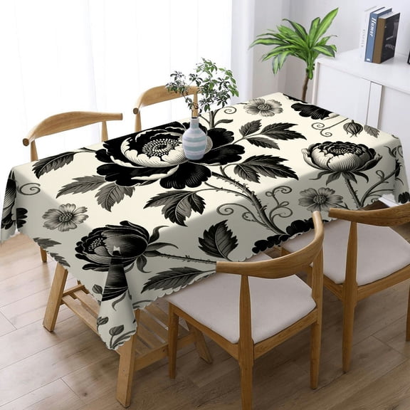 Beige and Black Floral Tablecloths rectangle ,  Holiday-Themed Design - Machine-Made Rectangular Tablecloth, Cafe, dinner, picnic
