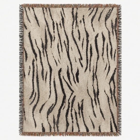Beige and Black Zebra Stripe Woven Throw Blanket, 100% Cotton, Animal Print Style for Living Room Decor