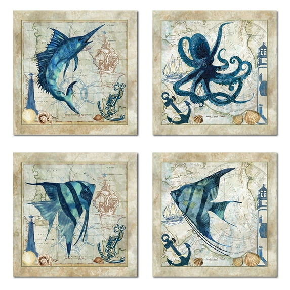Beige and Blue Nautical Octopus and Tropical Fish Adult Decor; 4 - 12" x 12" Unframed Prints
