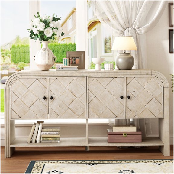 Beige and Brown Console Table with Woven Wood Slats for Entryway, Hallway & Living Room Storage Solution