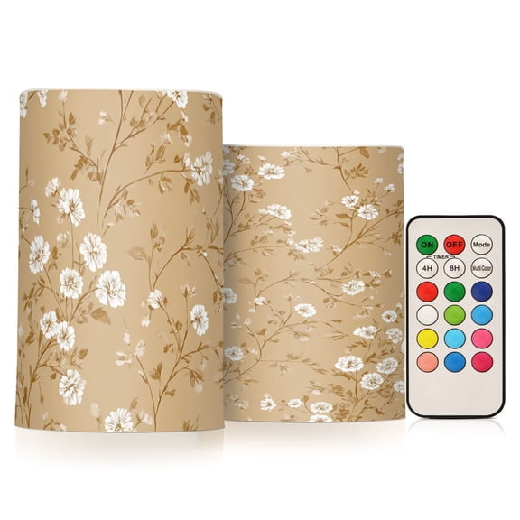 Beige and Brown Floral Flickering Flameless Candles Battery Operated with Remote Timer LED Pillar Candles Set of 2