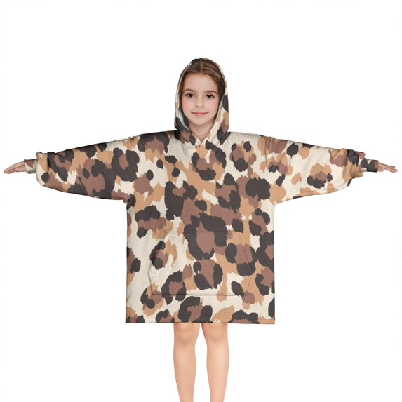 Beige and Brown Leopard Pattern Blanket Hoodies for Kids 6-13YR Oversize Wearable Blanket Hoodies for Boys Girls Teens