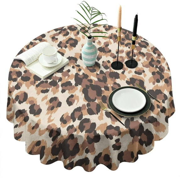 Beige and Brown Leopard Pattern Round Tablecloth 60"x60",Wrinkle Wipeable Table Cloth for Kitchen Dining Room Picnic Patio Party