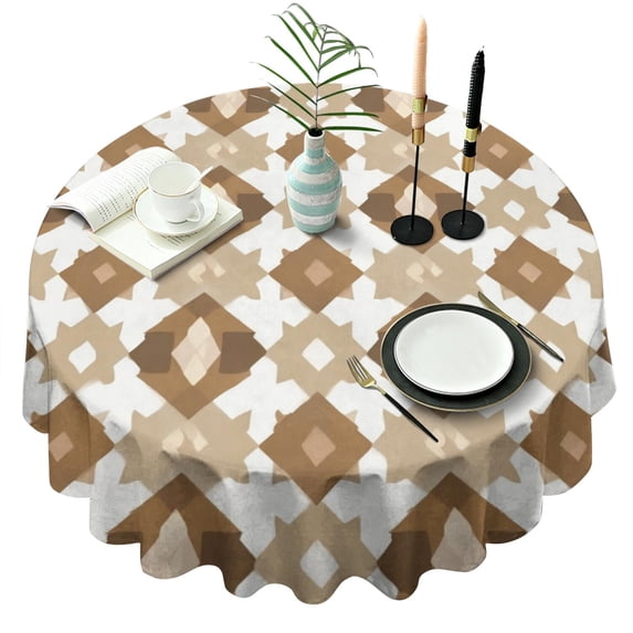 Beige and Brown Modern Art Geometric Round Tablecloth 60" X 60",Wrinkle Wipeable Table Cloth for Kitchen Dining Room Picnic Patio Party