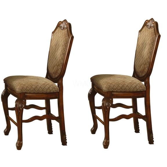 Beige and Cherry Counter Height Stools Set of 2 - Traditional Upholstered Bar Stools with Queen Anne Legs