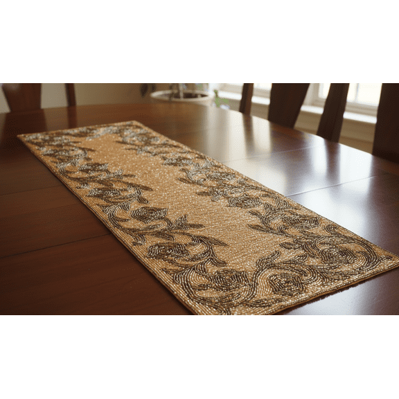 Beige and Gold Table Runner, Hand Beaded Table Runner, Designer Table Topper 13X36 Inch