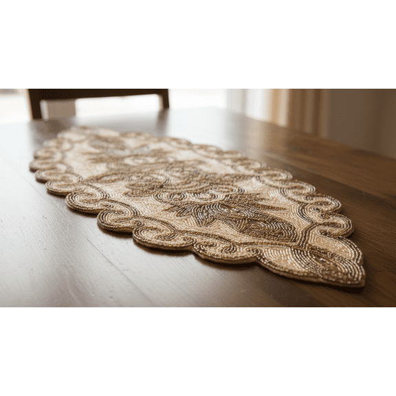 Beige and Gold Table Runner, Handmade Beads Table Runner, Designer Table Topper 13X36 Inches