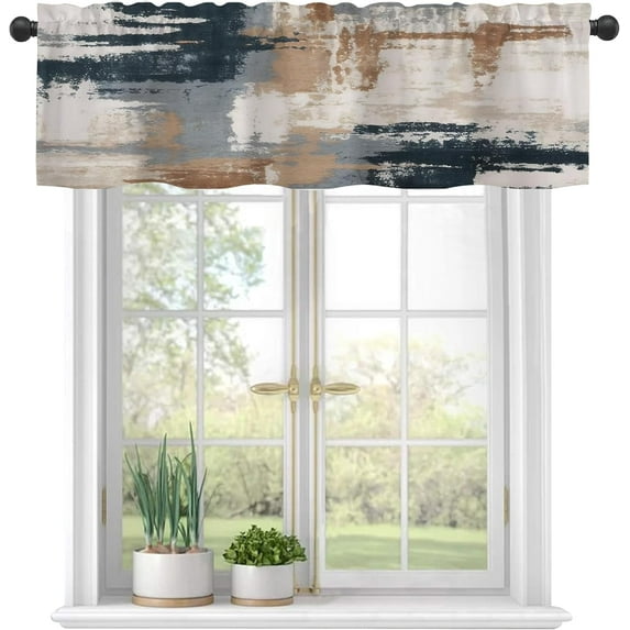 Beige and Gray Abstract Art Semi Sheer Window Valances - 54"x18" Light Filtering Decor for Kitchen, Living Room, Bedroom