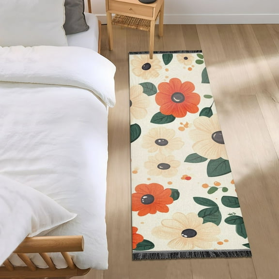 Beige and Orange Flowers Bedroom Runner Rug 2'x 6' Non Slip Carpet Indoor Home Area Rug Living Room