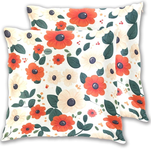 Beige and Orange Flowers Throw Pillow Covers 18x18 Inch 2 Packs Decorative Square for Living Room Couch Bed Sofa