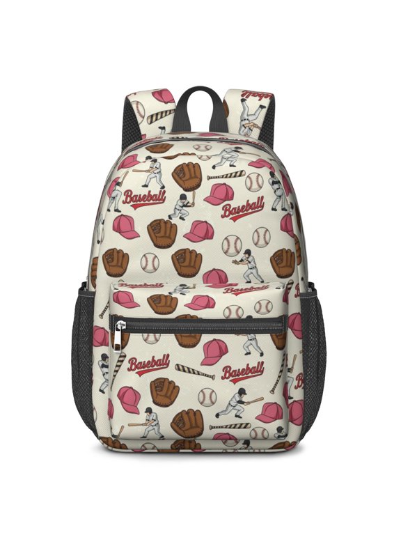 Beige and Pink Baseball Pattern 17" Waterproof Oxford School Backpacks for Teens, S-Shape Padded Straps, for School, Travel, Hiking, Camping