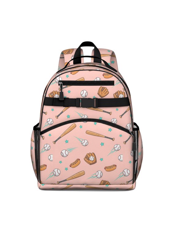 Beige and Pink Baseball Pattern Backpack for School, Cute School Bag with Adjustable Shoulder Straps and Padded Back, 15.25"x11.5"x5.25"