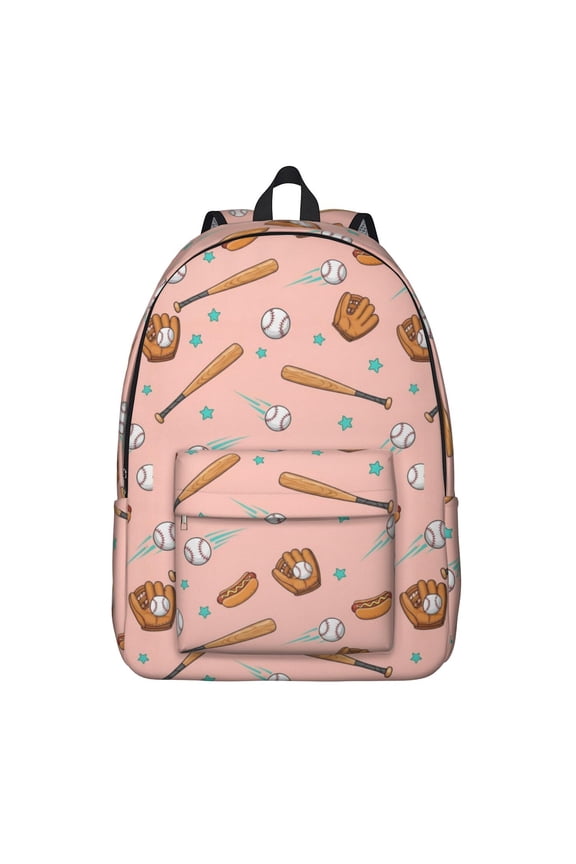 Beige and Pink Baseball Pattern Backpack for School, Cute School Bag with Adjustable Shoulder Straps and Padded Back, 15.7"x11.8"x5.5"