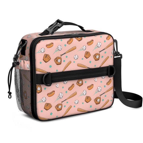 Beige and Pink Baseball Pattern Insulated Lunch Bag with Shoulder Strap and Bottle Holder,Bento School Lunch Bag Box,11x9.5x3.5 Inches