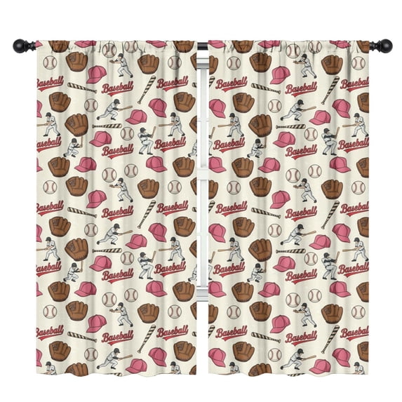 Beige and Pink Baseball Pattern Insulated Teens Curtains Set Of 2, Bedroom Essentials, Toddler Room Decor 42"x84"