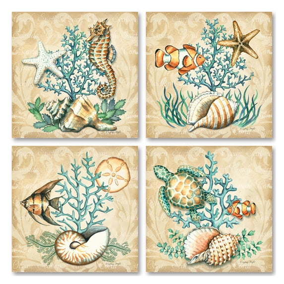 Beige and Teal Fish and Coral Adult Coastal Decor; 4 - 12" x 12" Unframed Posters