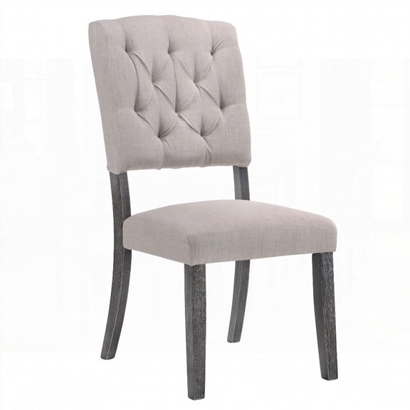 Beige and Weathered Grey Oak Set of 2 Side Chairs with Tufted Back and Tapered Legs