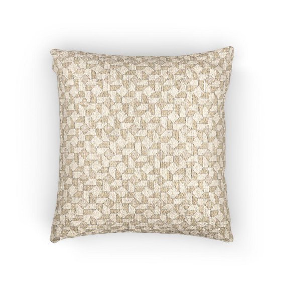 Beige and White 3D Cube Geometric Woven Pillow, Repeating Optical Pattern