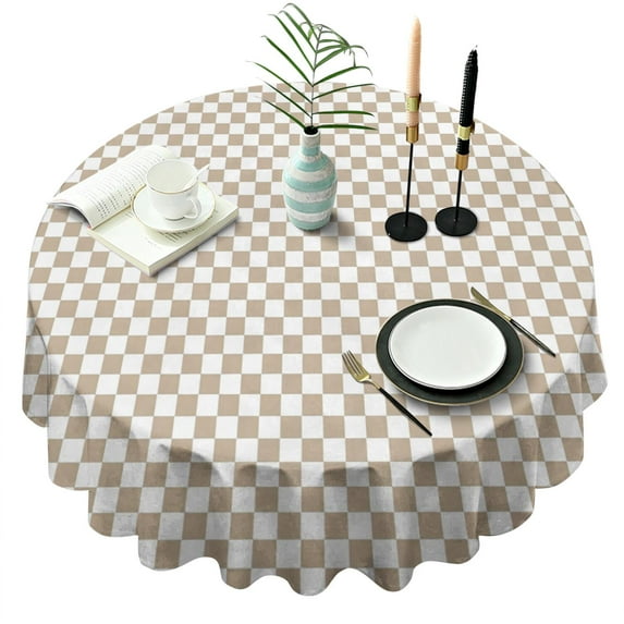 Beige and White Checkerboard Pattern Round Tablecloth 60"x60",Wrinkle Wipeable Table Cloth for Kitchen Dining Room Picnic Patio Party