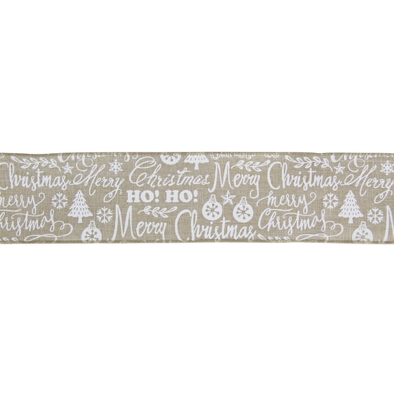 Northlight Beige and White Merry Christmas Burlap Wired Ribbon 2.5" x 16 Yards
