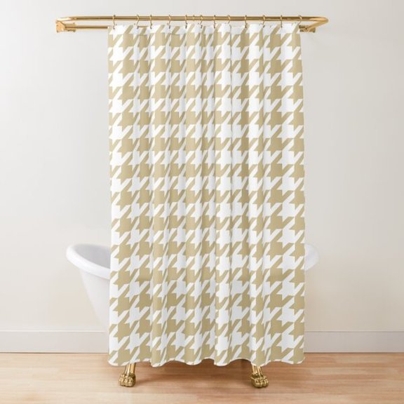 Beige and White Oversized Houndstooth Shower Curtain, 100% Polyester, Geometric Check Style for Bathrooms