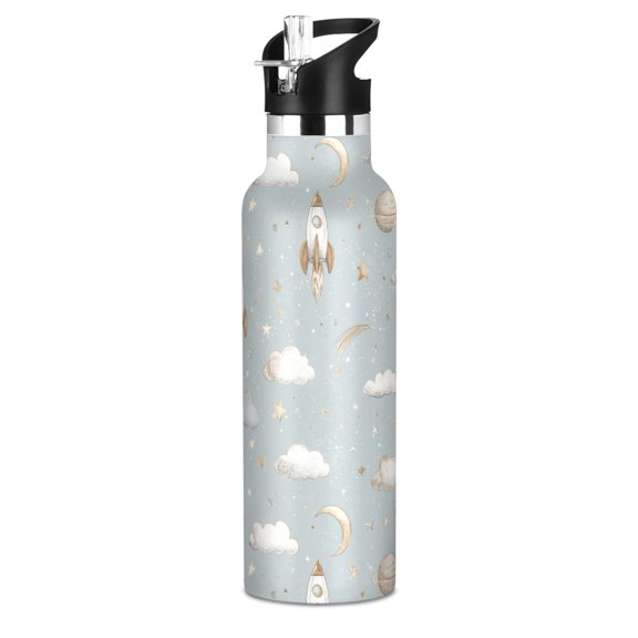 Beige and White Rocket 20oz Vacuum Insulated Stainless Steel Water Bottle BPA-Free Leak Proof Straw Lid